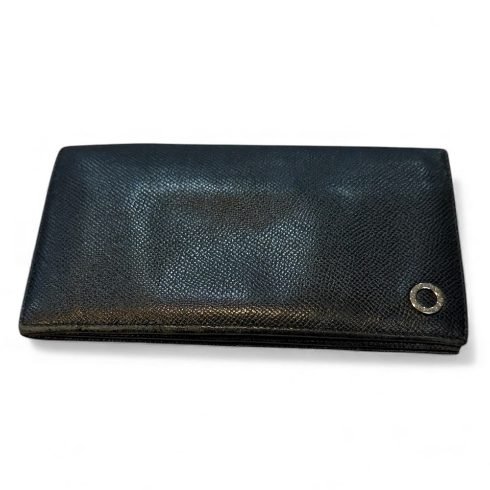Bvlgari Black Pebbled Leather Long Bifold Wallet Continental Authentic